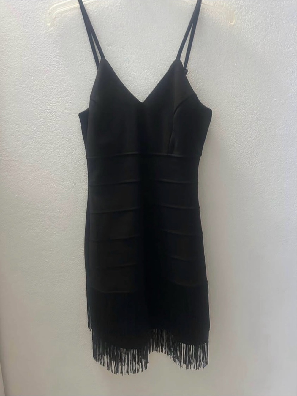 Black Fringe Slip Dress with Double Spaghetti Straps